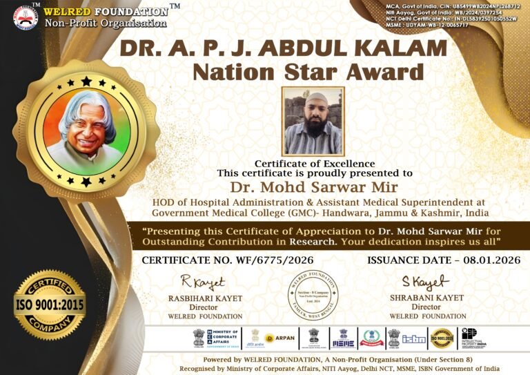 Dr. Mohd Sarwar Mir Conferred Dr. A.P.J. Abdul Kalam Nation Star Award
